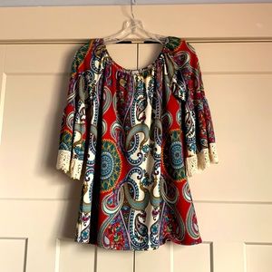 Red paisley blouse with lace sleeves